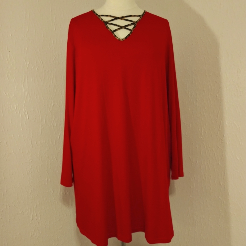 Southern Stitch Long Sleeve Red Dress w/Animal Print Criss Cross Neckline